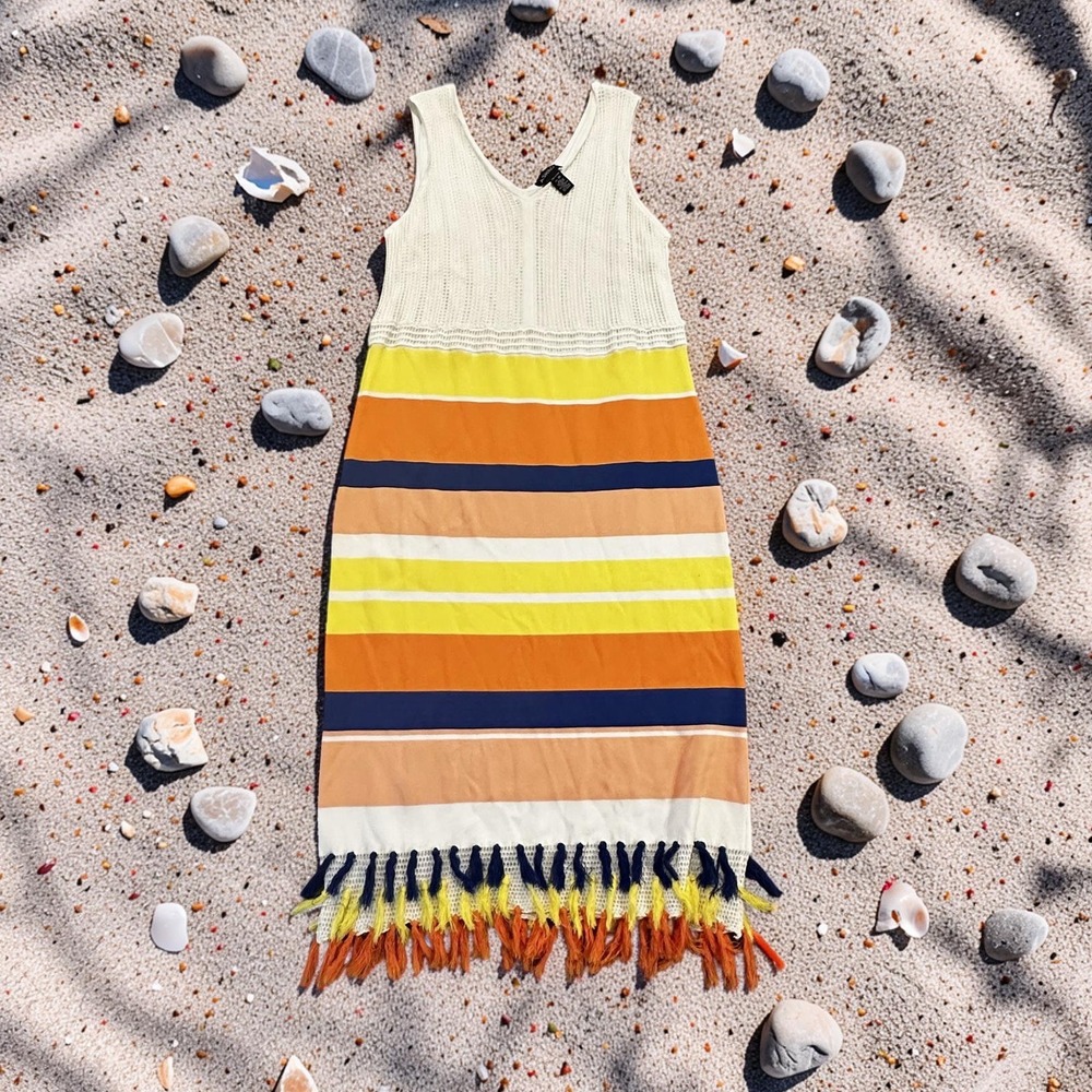 Ashro Womens 2X Crochet Bodice Striped Tassel Hem Maxi Dress White Orange Yellow